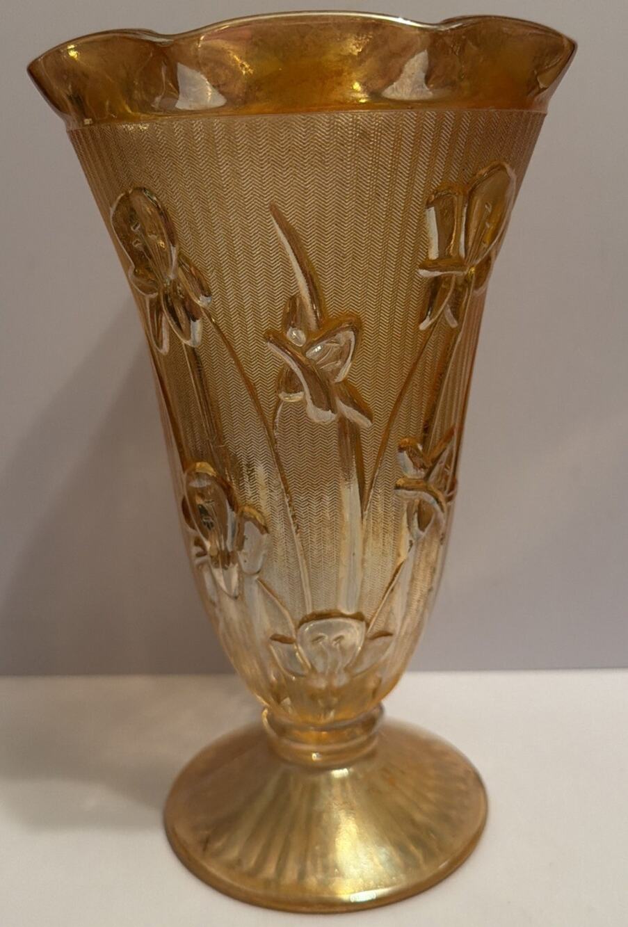 Carnival Glass Footed Vase JEANETTE 9" IRIS & HERRINGBONE Pattern Vintage